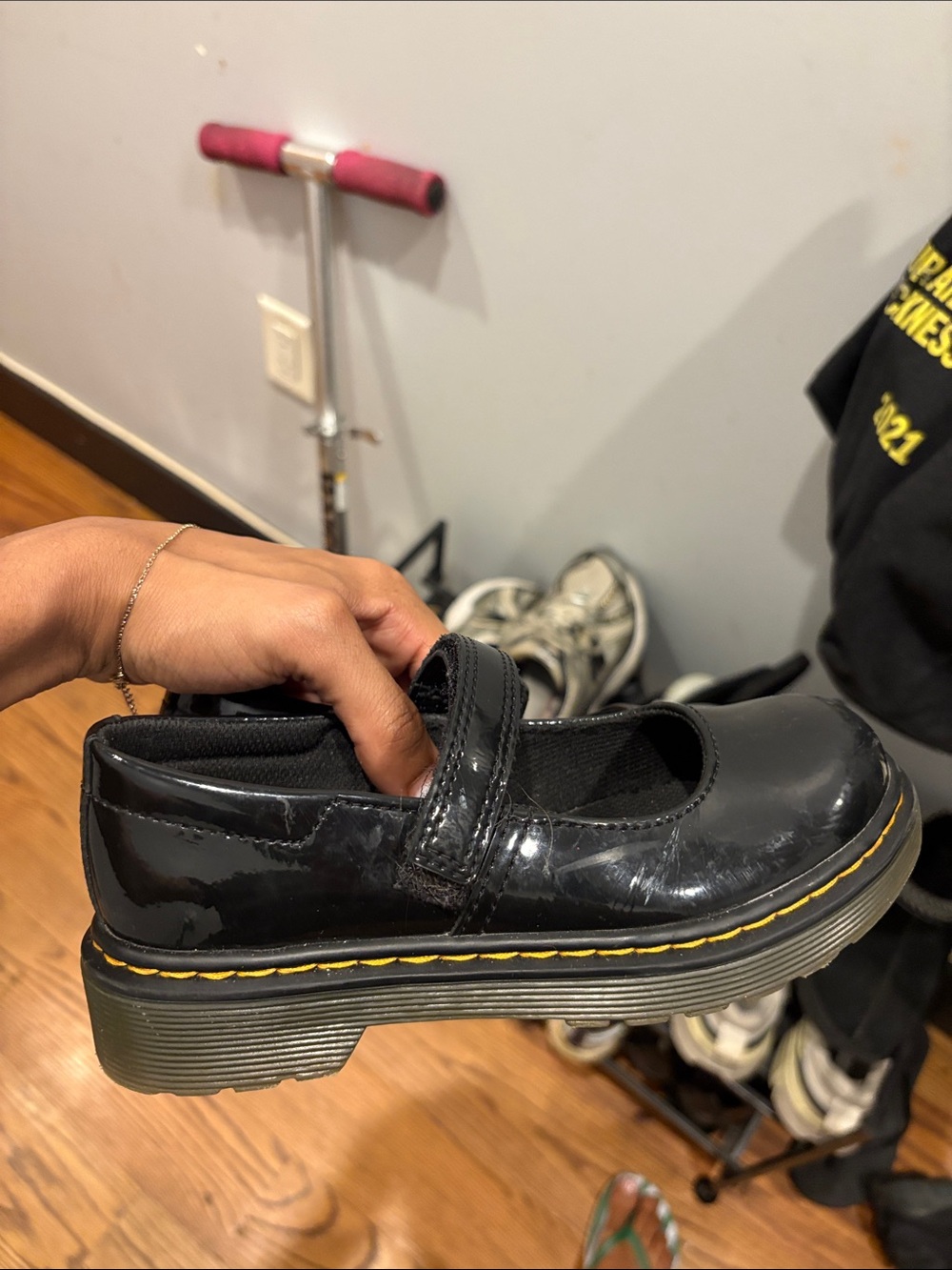 Dr. Martens Kids Black Patent Mary Jane with Yellow Welt